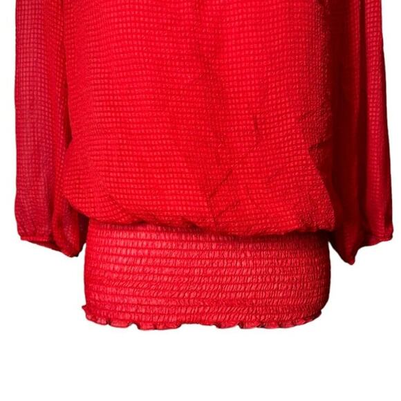 A.Buyer Layered Red Blouse Lace Back Cut Out 3/4 Sleeve Banded Bottom Size Med - Picture 7 of 11